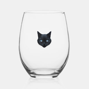 Black Cat Face Blue Eyes Graphic Tee Cat Men Women Stemless Wine Glass