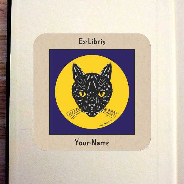 Black Cat Face Bookplate Square Sticker (Black Cat Face Bookplate in Old Book)