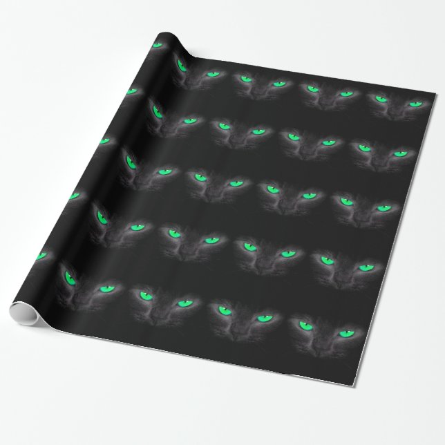 Black Cat Face Green Eyes Halloween Gift Paper (Unrolled)