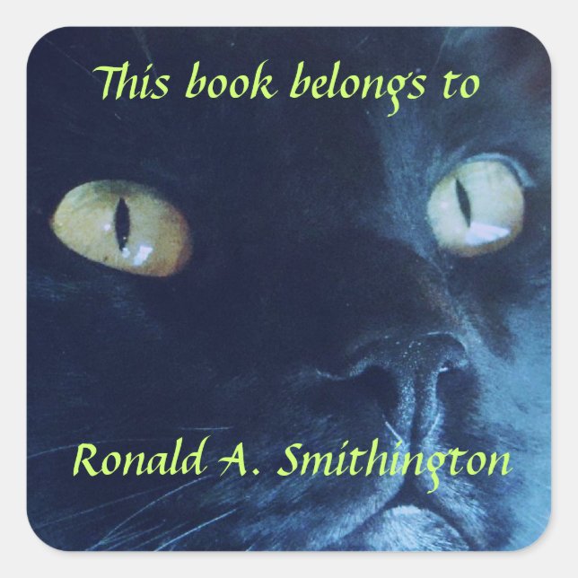 Black Cat Face Personalised Bookplate Square Sticker (Front)