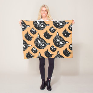 Black Cat Face With Funky Glasses pattern Fleece Blanket