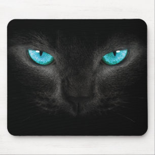 Black Cat Face with Turquoise Eyes Mouse Pad