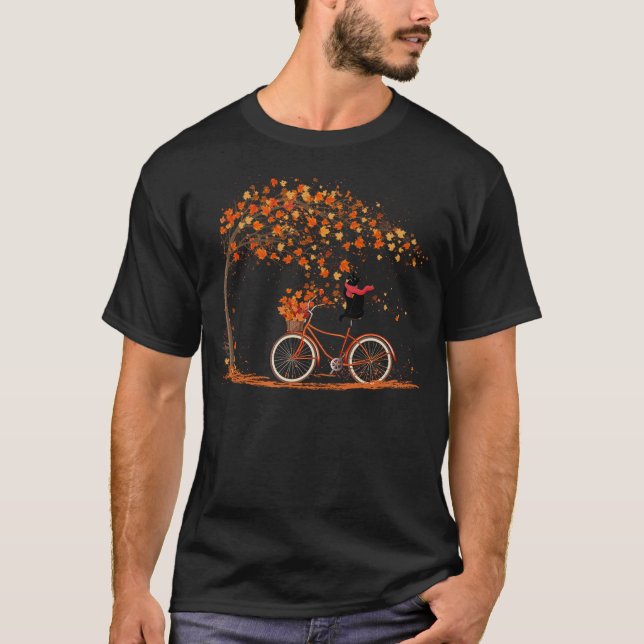 Black Cat Fall Bicycle Leaves Fall Autumn Hallowee T-Shirt (Front)