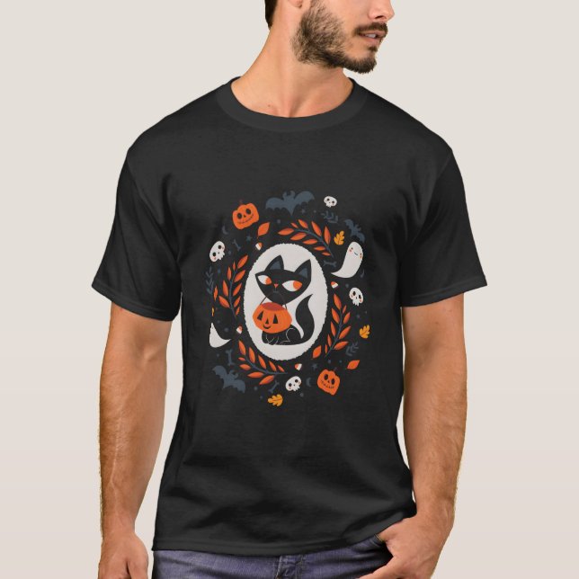 Black Cat Fall Halloween T-Shirt (Front)