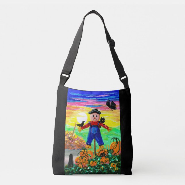 Black Cat Fall Scare Crow Crossbody Bag (Front)