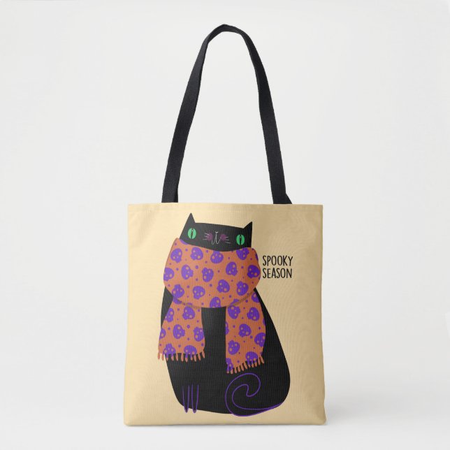 Black Cat Fall Season Halloween Spooky Cute Tote Bag (Front)