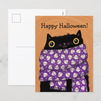 Black Cat Fall Season Happy Halloween Holiday Postcard