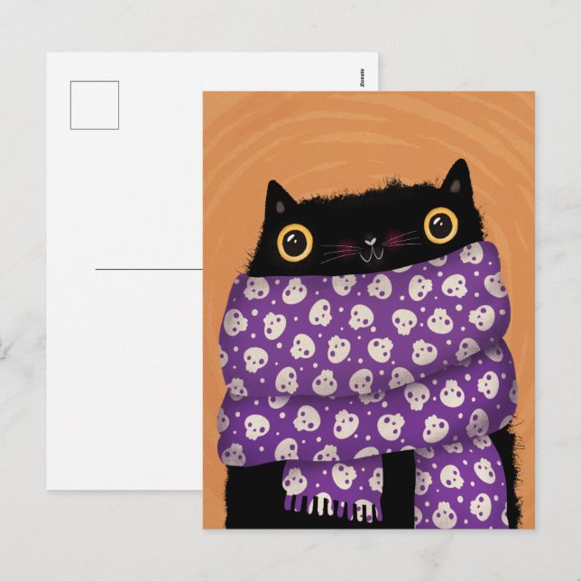 Black Cat Fall Season Happy Halloween Holiday Postcard (Front/Back)