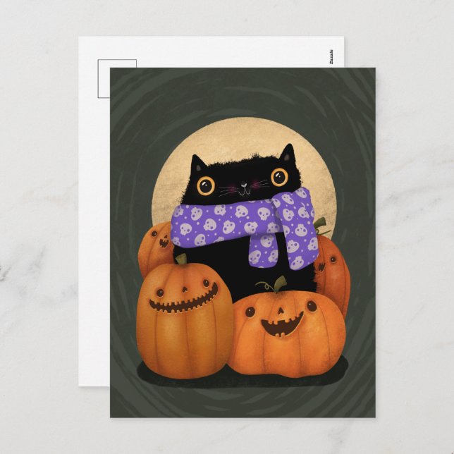 Black Cat Fall Season Happy Halloween Holiday Postcard (Front/Back)