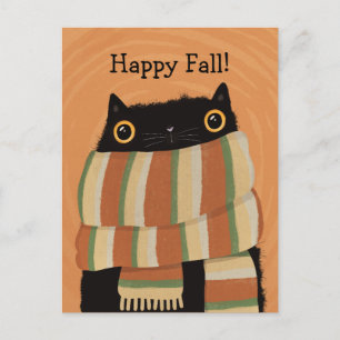 Black Cat Fall Season Happy Halloween Postcard