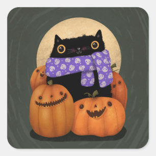 Black Cat Fall Season Happy Halloween Square Sticker