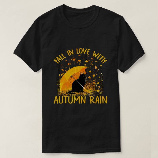 Black Cat Falling In Love With Autumn Rain T-Shirt (Design Front)