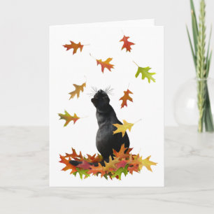 Black Cat Falling Leaves Card