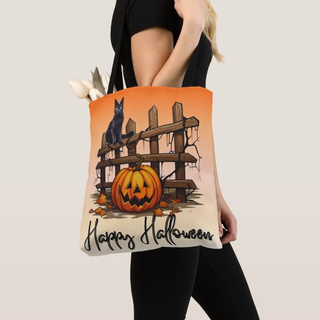 Black Cat Fence Jack-O' Lantern Orange Halloween Tote Bag (Close Up)