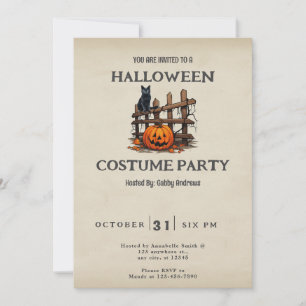 Black Cat Fence Jack-O' Lantern Vintage Halloween Invitation