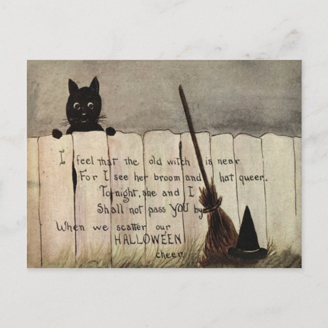 Black Cat Fence Witch's Broom Hat Postcard (Front)