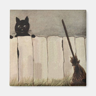 Black Cat Fence Witch's Broom Magnet