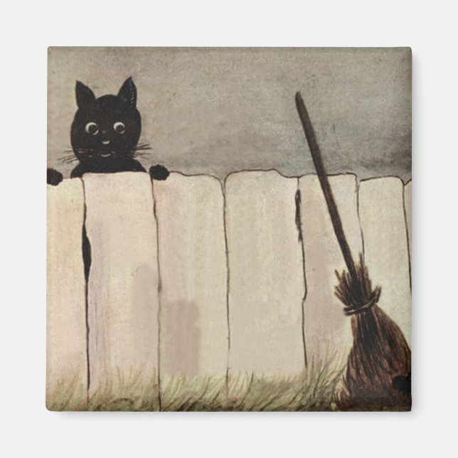 Black Cat Fence Witch's Broom Magnet (Front)
