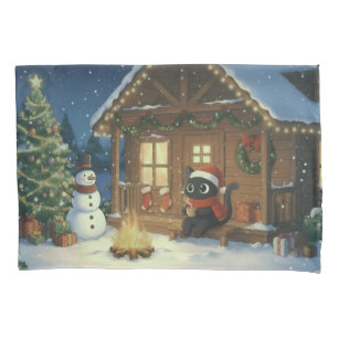 Black Cat Festive Christmas Scene  Pillowcase