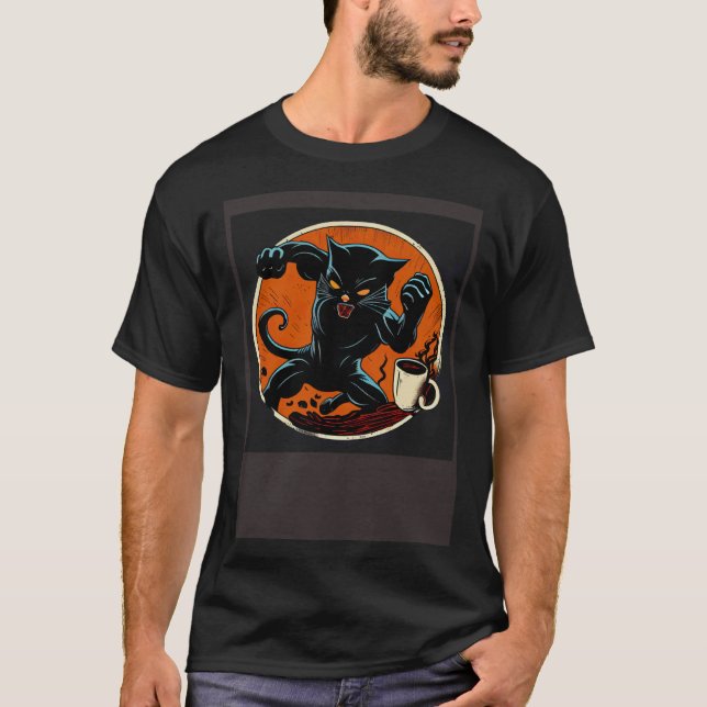 Black Cat Fighting Coffee T-Shirt (Front)