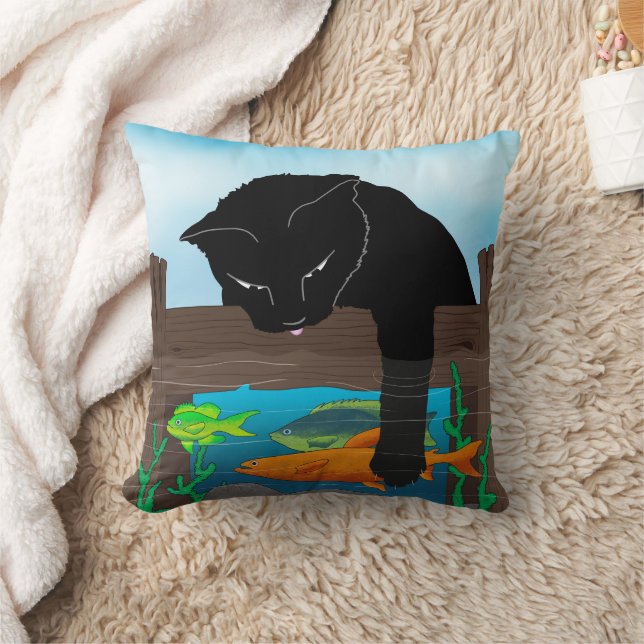 Black Cat Fishing Blue Throw Pillow (Blanket)