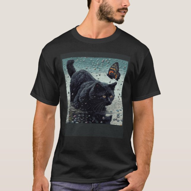 Black Cat Fishing Butterfly T-Shirt (Front)