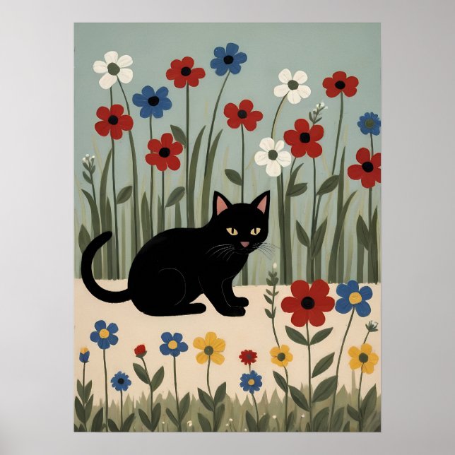 Black Cat Floral Art Cute Botanical Wall Decor Pos (Front)