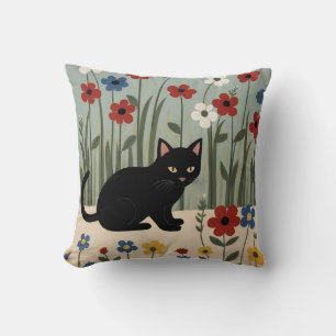 Black Cat Floral Art Cute Botanical Wall Decor Pos Cushion
