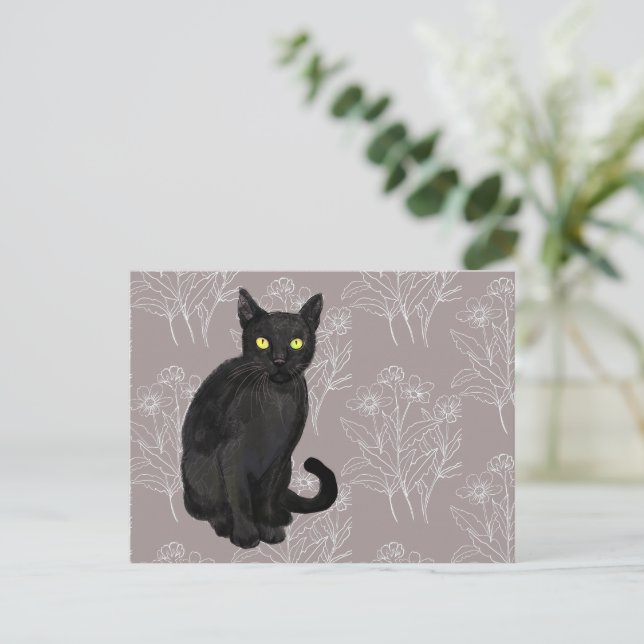 black cat floral background postcard (Standing Front)