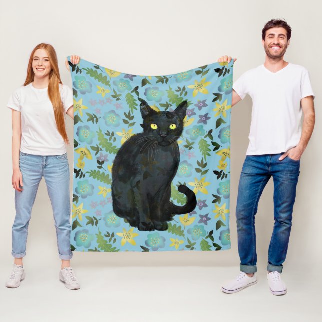 black cat floral fleece blanket (In Situ)