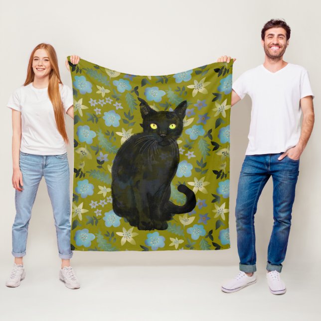 black cat floral fleece blanket (In Situ)