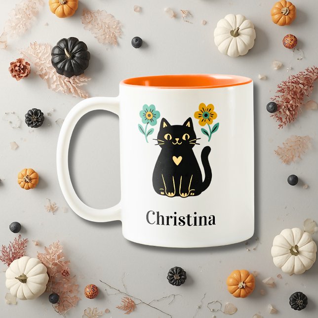 Black Cat Floral Halloween Two-Tone Coffee Mug (Creator Uploaded)