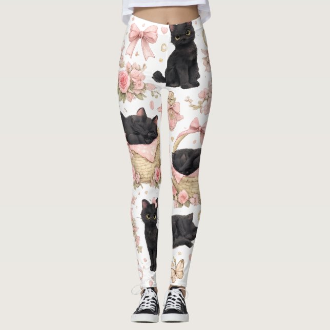 Black Cat Floral Leggings (Front)