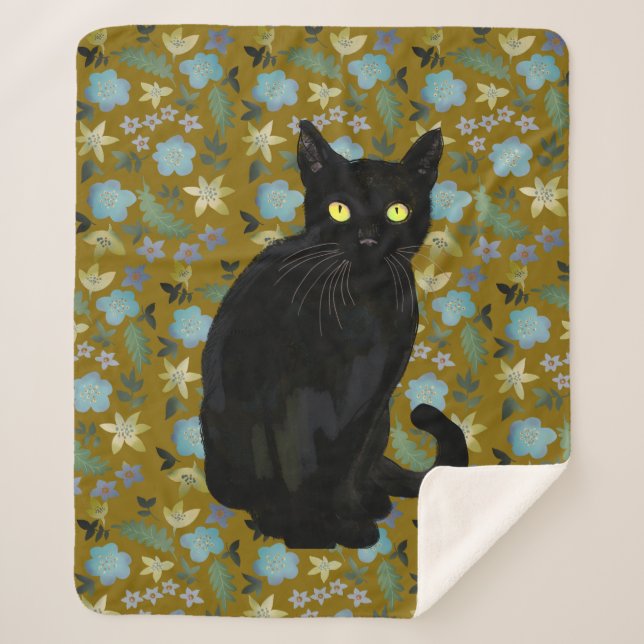 black cat floral sherpa blanket (Front)