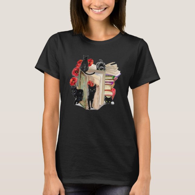 Black Cat Flower Books T-Shirt (Front)