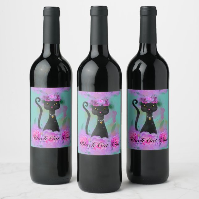 Black Cat flower crown sitting in pink roses Wine Label (Bottles)