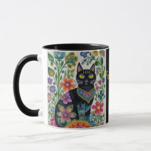 Black cat flowers butterflies, native art Editable Mug