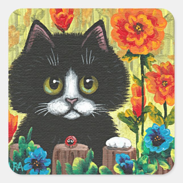 Black Cat Flowers  Creationarts Square Sticker (Front)