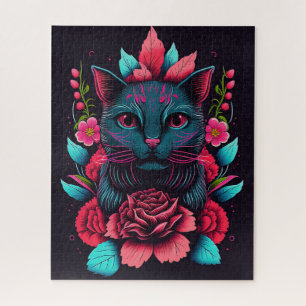 BLACK CAT FLOWERS FANTASY JIGSAW PUZZLE