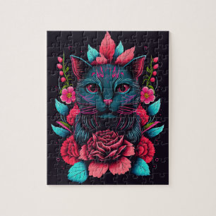 BLACK CAT FLOWERS FANTASY JIGSAW PUZZLE