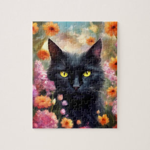 Black Cat Flowers Garden Cat 736 Jigsaw Puzzle