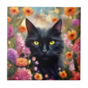 Black Cat Flowers Garden Cat 736 Tile