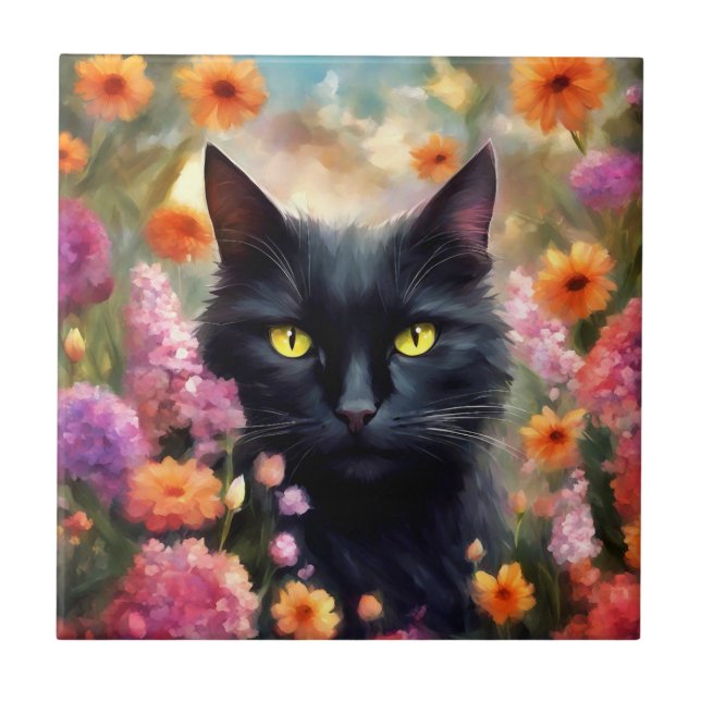 Black Cat Flowers Garden Cat 736 Tile (Front)