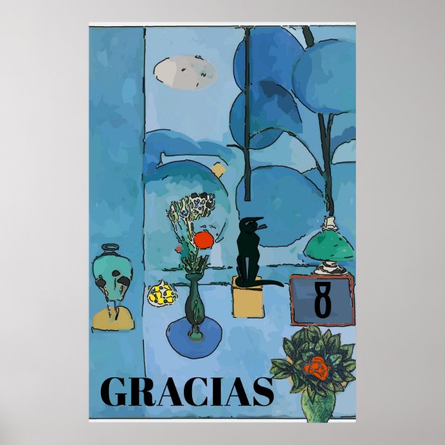 Black Cat & Flowers In Blue Room, add text Poster (Front)