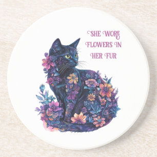 Black Cat Flowers in Her Fur Coaster
