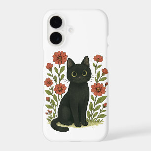 Black Cat & Flowers iPhone 17 Case