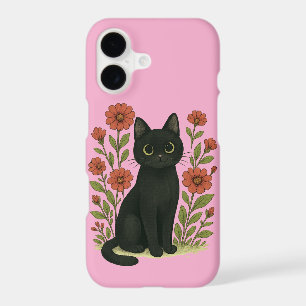 Black Cat & Flowers iPhone 17 Case