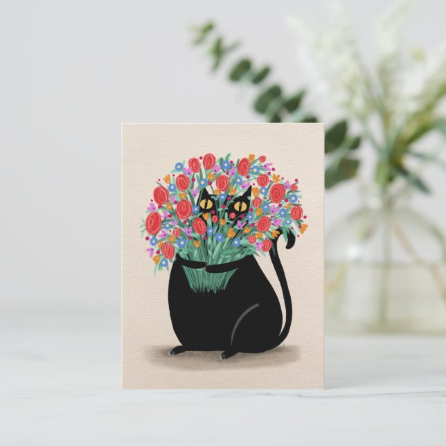Black cat & flowers postcard (Standing Front)