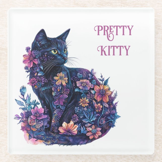 Black Cat Flowers Pretty Kitty Glass Coaster (Front)