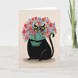Black cat & flowers thank you card